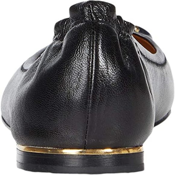 Tory Burch Enamel Logo Leather Ballet Flats Perfect Black Gold Heel Details - Picture 5 of 15